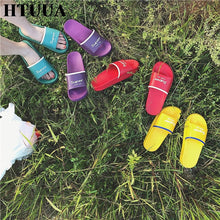Load image into Gallery viewer, HTUUA 2018 Summer Shoes Chic Letters Slippers Women Korean Candy color Flat Slides Outdoor Indoor Bathroom Home Slippers SX1550