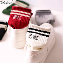 Load image into Gallery viewer, 5 Colors.Women's Unisex Embroidery Letter SMILE Stripes Skateboard Socks.Cotton Harajuku Socks Sox Couple Ankle Sock Meias
